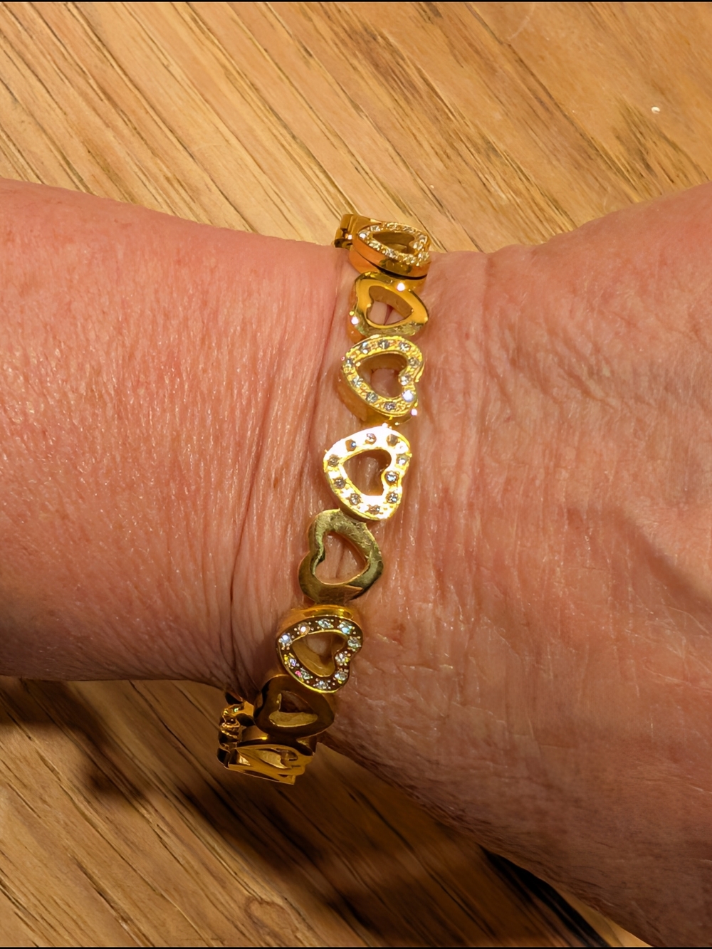 Gold Heart Clamper Bangle Bracelet with Crystal Accents